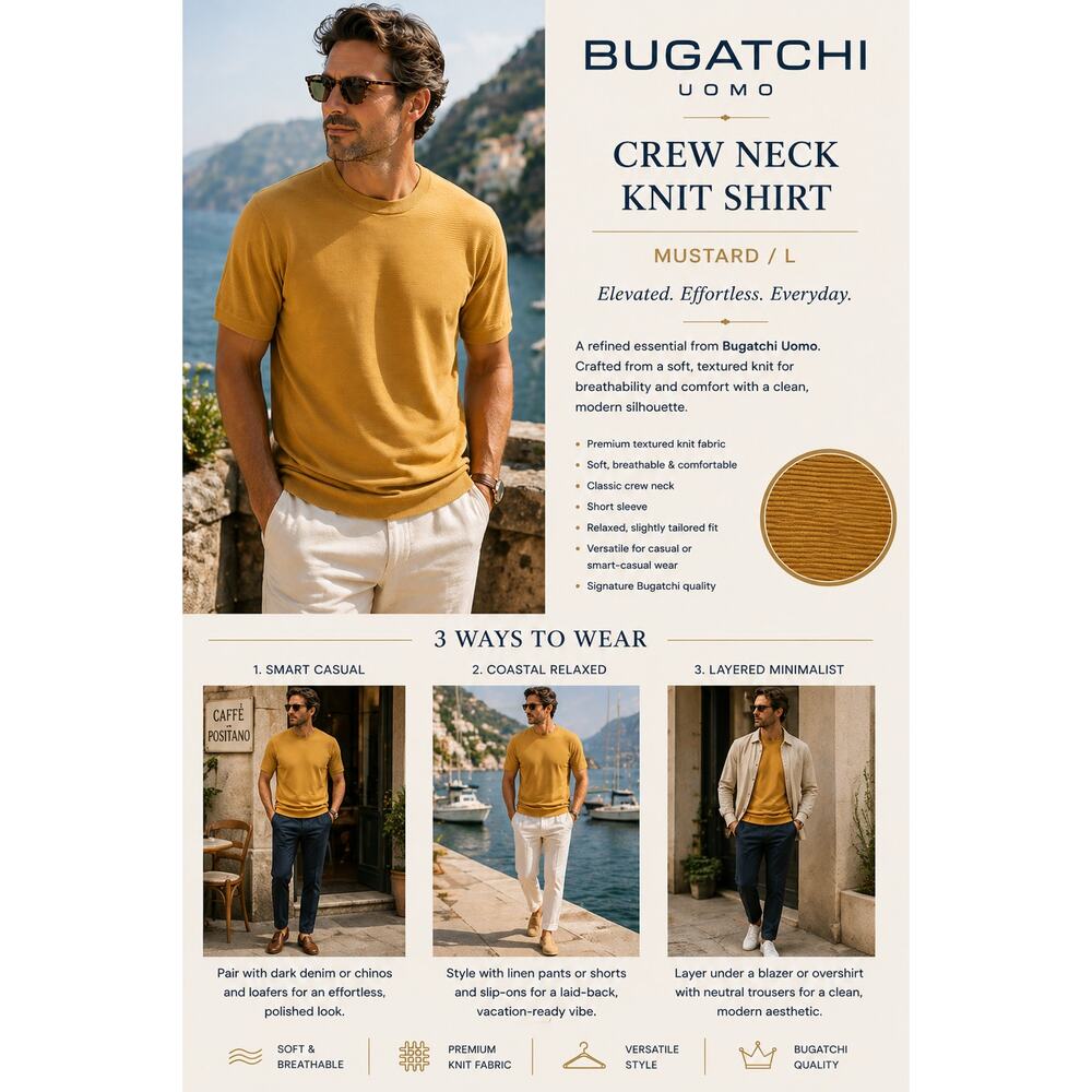 Bugatchi Uomo Shirt L Mustard Crew Neck Knit Tee Short Sleeve Luxury